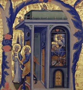 Historiierte Initiale N, die die Befreiung des heiligen Petrus darstellt
