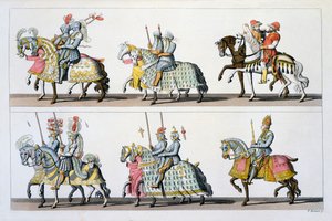 Heiliges Römisches Reich: Teilnehmer an einem Turnier auf der Burg Luxemburg zur Zeit von Maximilian I., aus Costumi dei Romani, Svizzeri.. ca. 1800-18 von Italian School