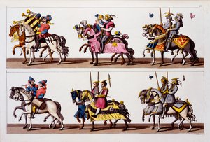 Heiliges Römisches Reich: Teilnehmer an einem Turnier auf der Burg Luxemburg zur Zeit von Maximilian I., aus Costumi dei Romani, Svizzeri.. ca. 1800-18 von Italian School