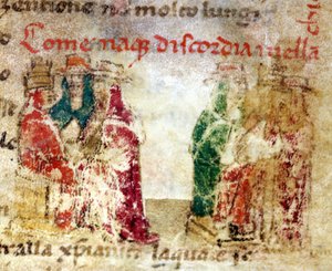 Wie die Zwietracht in der Kirche von Rom (Schisma) zwischen 1378 und 1417 entstand: Manuskript des 14. Jahrhunderts in „Croniche del Sercambi“. Nationalarchiv, Lucca von Italian School