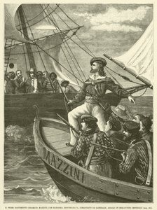Das erste Schiff namens Mazzini, mit republikanischer Flagge, kommandiert von Garibaldi, greift ein kaiserliches Schiff an (Stich) von Italian School