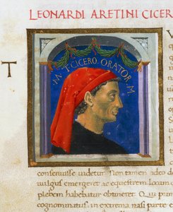 Illuminierte Seite mit Profil von Cicero, Band I, links 1, f 303 r, Vitae virorum illustrium, von Plutarch (ca. 46-127), Manuskript, Italien