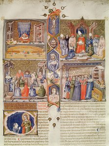 Illumination in vier Szenen unterteilt: Ein Jurist an seinem Tisch; Ein Papst, dem ein Buch angeboten wird; Eine Lektion in einem Juristenkollegium; Eine Buchhandlung, mit einem historisierten Kapital mit St. Katharina und einem Or