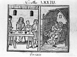 Illustration zur Novelle 73 (Novelle 3 des achten Tages) des „Decameron“ von Giovanni Boccaccio genannt Jean Boccaccio (1313-1375), italienischer Schriftsteller