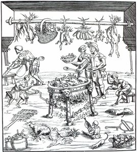 Innenansicht einer italienischen Küche, nach einem Holzschnitt in Banchetti compositioni di Vivende von Christoforo di Messisburgo, veröffentlicht 1549 von Italian School