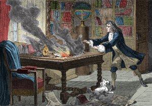 Isaac Newtons Hund stößt eine Kerze um und setzt seine Papiere in Brand.