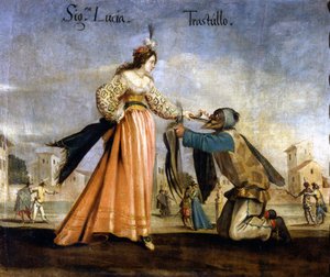 Italienische Masken. Gemälde der Bologneser Schule des 17. Jahrhunderts: Madame Lucia und Trastullo. Museo Scala Mailand von Italian School