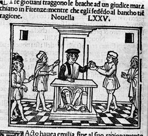 Urteilszene in Florenz. Illustration zur Novelle 75 (Neue 5 des achten Tages) des „Decameron“ von Giovanni Boccaccio (1313-1375), italienischer Schriftsteller. Gravur in „Decamerone ouer Cento nouelle“ Venedig, Bartolomeo de 