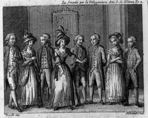 Letzte Szene des dritten Akts des Lustspiels „Le smanie per la villeggiatura“ (Die Stadt) (1761) von Carlo Goldoni (1707-1793). Gravur des 18. Jahrhunderts