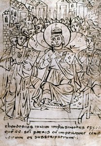 Lombardische Kunst: Kaiser Theodosius II. (401-450), Enkel von Theodosius I., beim Konzil von Ephesus am 22.06.431, verurteilt den Nestorianismus (des Patriarchen Nestorius oder Nestorios). Zeichnung mit Feder auf Pergament aus einem kanonischen Rechtsvert