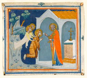 St. Maria Magdalena in der Wildnis um Aix, von Engeln zu St. Maximin getragen, der ihr die letzte Kommunion verabreicht, um 1330 von Italian School