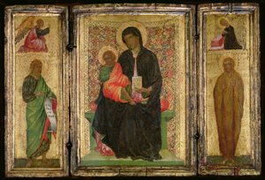Madonna und Kind auf dem Thron mit (L-R) St. Johannes dem Täufer mit dem Engel der Verkündigung darüber und St. Maria Magdalena mit der Jungfrau der Verkündigung darüber, ca. 1360-70