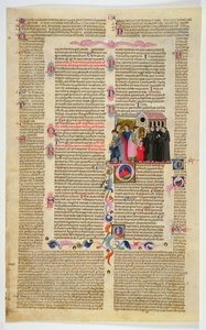 Marlay Cutting IT.9: Blatt mit Miniatur aus Gratians Decretum, das zwei Jungen zeigt, die von ihren Eltern in ein Kloster gebracht werden