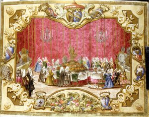 Mahlzeit zu Ehren des Gonfaloniers Zambeccari für das Engagement der Justiz. 1720. Bologna, Staatsarchiv. von Italian School