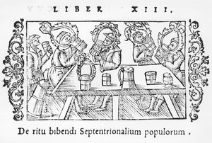 Männer beim Trinken, Illustration aus Historia de Gentibus Septentrionalibus von Olaus Magnus (1490-1558), veröffentlicht in Rom, 1555