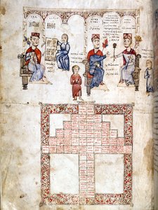 Miniaturseite von „Ecloga Legum“, Rechtsmanuskript aus dem Jahr 1175. Die dargestellten Charaktere sind von links nach rechts Justinian I. (482 - 565), Leo I. (457-474) und Konstantin I. der Große (270/288 - 337). Venedig, bibl. Marciana. von Italian School