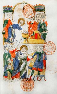 Ms 364 Jesus wäscht den Jüngern die Füße während des Letzten Abendmahls und der Kuss des Judas, aus dem Brevier von Monte Cassino von Italian School