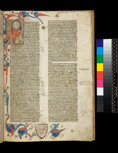 Ms 370. Orosius, Historiarum Adversum Paganos Libri Septem, f.2r. Illuminierte bewohnte Initiale [P], mit Porträt des Autors als Bischof gekleidet, und Teilrahmen mit Blattmotiven, Bologna oder Padua