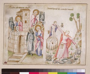 Christi Versuchung, Daniel zerstört Bel, aus Speculum Humanae Salvationis
