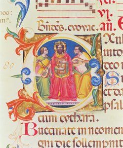 Historiierte Initiale O darstellend König David und zwei Engel, aus dem Psalter von Santa Maria Novella, illuminiert von Paolo Soldini (fl.1342-86) 1379