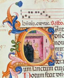 Historiierte Initiale C darstellend Mönche, die einen Text betrachten, aus dem Psalter von Santa Maria Novella, illuminiert von Paolo Soldini (fl.1342-86) 1379