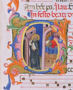Historiierte Initiale G mit Darstellung des Hl. Dominikus, der die Kirche stützt, und dem Traum von Papst Honorius III. (1216-27) aus Psalter H aus San Marco e Cenacoli