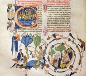 Ms 766 Christus spricht zu Engeln und Szenen des mittelalterlichen Alltagslebens (Landwirtschaft, Fischerei und Gebet, Miniaturen aus dem Liber Quatuor Sententiarum (Buch der Sätze) von Petrus Lombardus von Italian School