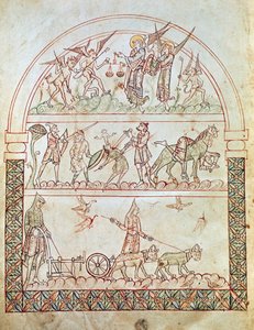Ms. Plut. 12.17, c. 1b, Die irdische Stadt mit den Härten und Unglücken der Menschheit und das Urteil einer Seele, aus Die Stadt Gottes von St. Augustinus, 11.-12. Jahrhundert