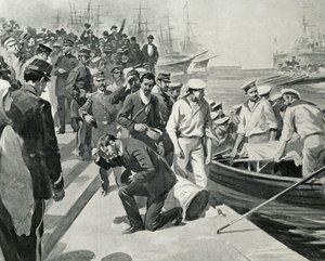 Meuterei des russischen Schlachtschiffs Potemkin bei der Landung im Hafen von Constanta in Rumänien, Illustration aus L