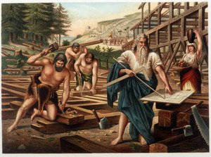 Noah und seine Familie bauen die Arche (Noah betrachtet den Bauplan) - in „Aurea Bibbia classica: storia della rivelazione divina nell