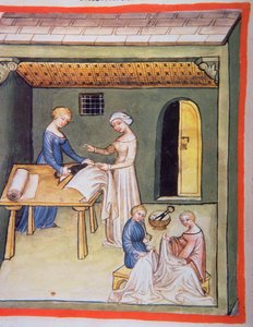 Nova 2644 fol.105v Die Schneiderei: Leinenkleidung, aus Tacuinum Sanitatis