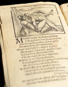 Seite aus "Sonetti Lussuriosi" von Pietro Aretino, illustriert von Giulio Romano und graviert von Marcantonio Raimondi, veröffentlicht in Venedig, ca. 1527