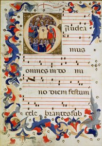 Seite mit musikalischer Notation und einer historisierten Initiale G, die eine Gruppe von Heiligen mit St. Ursula in der Mitte zeigt, Bologneser Schule