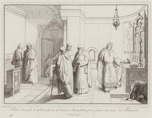 Pietro Orseolo I verlässt den Thron und die Heimat, um Mönch in Frankreich zu werden, 978 (Gravur) von Italian School