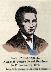 Porträt von Giovanni Passannante (1849-1910), der das Attentat auf den italienischen König Umberto I. in Neapel 1878 verübte, nach dem Porträt von Cesare Lombroso. Dieses Ereignis inspirierte den Dichter Giovanni Pascoli zu einer Ode. von Italian School