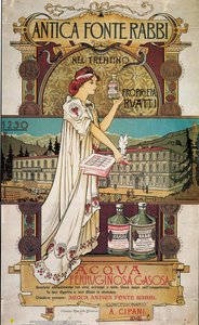 Plakat, das Heilwasser aus der Antica Fonte di Rabbi im Trentino bewirbt