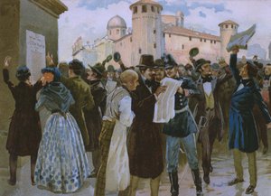 Verkündung der Ergebnisse des Plebiszits vom 4. März 1848 vor dem Palazzo Reale in Turin, Illustration aus einem Album zur Geschichte des Risorgimento für die Schokolade Talmone, späte 19. Jahrhundert