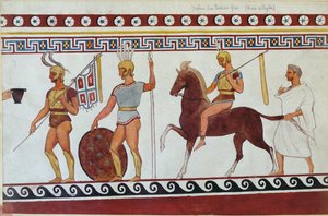 Rekonstruktion eines Grabgemäldes aus Paestum, das griechische Fußsoldaten und Kavallerie darstellt von Italian School