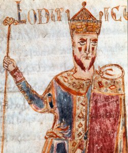 Darstellung von Ludwig I., genannt der Fromme (778-840), Sohn von Karl dem Großen. Miniatur aus dem „Codex Legum Longobardorum“