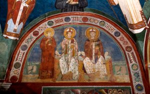 Darstellung von Saint Stephen, christlicher Märtyrer, Saint Thomas Becket (1118-1170), Erzbischof von Canterbury und Saint Nicholas von Myra oder Bari (270-345). Anonymes Fresko (13. Jahrhundert) Unterkirche. Kloster von Saint Benedetto (Sacro Speco), Subi