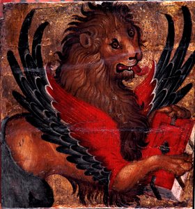 Darstellung des Markuslöwen. Gemälde auf Holz von venezianischem Künstler. 15. Jahrhundert Sun. 34x34 cm Venedig, Museo Correr