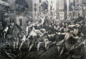 Aufstand im Portoria-Viertel in Genua gegen die Österreicher 1746, angeführt von Giovan Battista Perasso (1735-1781) bekannt als Balilla
