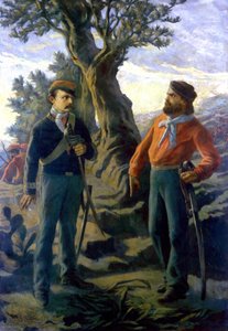 Risorgimento: Gerolamo Bixio genannt Nino Bixio (1821-1873) und Giuseppe Garibaldi (1807-1882) in der Schlacht von Calatafimi in Sizilien am 15.05.1860. Garibaldi verkündet Bixio, der vorschlägt, sich zurückzuziehen: „Was sagst du, Bixio? Hier bauen wir It