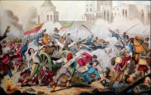 Risorgimento: Die Kämpfe von Palermo am 26. Mai 1860. Expedition der Tausend (rote Hemden). Giuseppe Garibaldi zwischen Palermo und dem aufständischen Volk. Gravur des 19. Jahrhunderts