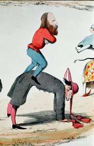 Risorgimento: satirische Zeichnung, die die Helden des Risorgimento Giuseppe Garibaldi (1807-1882) zeigt, wie sie die Römische Frage regeln, eine politische Kontroverse über die Rolle Roms, Sitz der weltlichen Macht des Papstes und Hauptstadt des neuen Kön