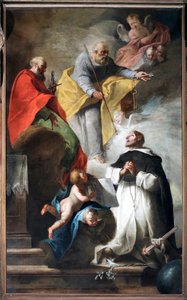 Der heilige Dominikus erhält den Pilgerstab und das Buch mit der Inschrift „Vade et predica“ aus den Händen der Heiligen Petrus und Paulus. Gemälde der venezianischen Schule des 18. Jahrhunderts von Italian School