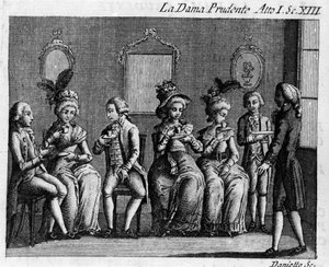 Szene 13 aus Akt I des Lustspiels „La dama prudente“ (Die kluge Frau) (1751) von Carlo Goldoni. Gravur aus dem 18. Jahrhundert