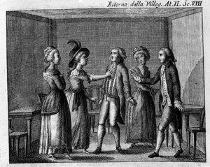 Szene 8 des 2. Akts des Lustspiels „Ritorno della villeggiatura“ (Rückkehr aus dem Urlaub) (1761) von Carlo Goldoni (1707-1793). Gravur aus dem 18. Jahrhundert