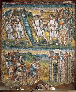 Szenen aus dem Buch Josua: Die Bundeslade wird von sieben Priestern über den Jordan getragen, Josua schickt zwei Spione nach Jericho von Italian School