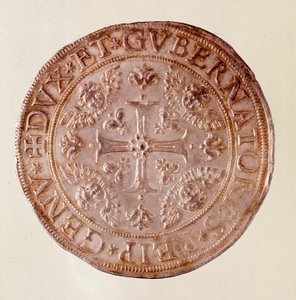 Silbermünze aus der Republik Genua mit dem Kreuz. 1670. Durchmesser 5,8 cm Neapel, Archäologisches Museum